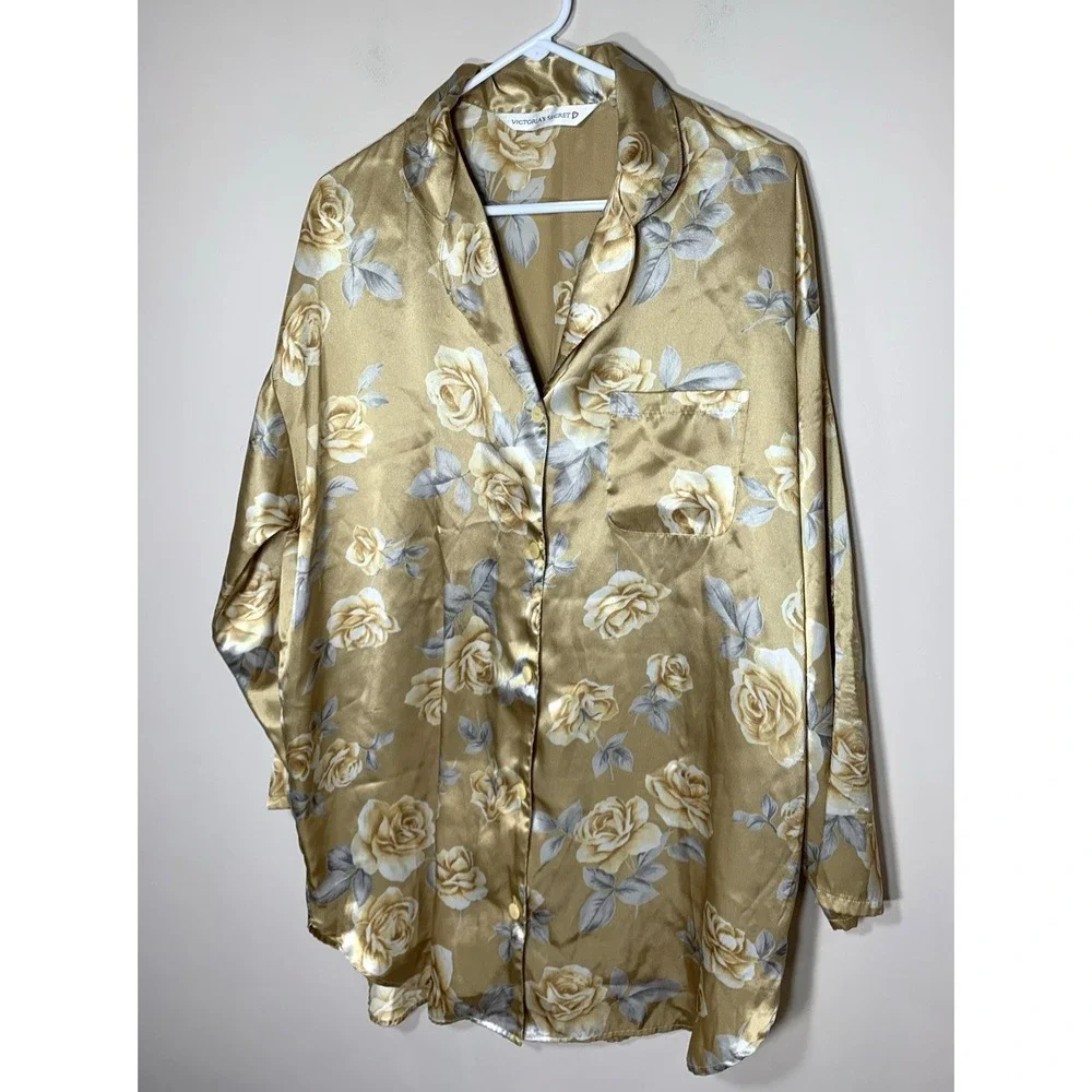 Victoria's Secret Satin NightShirt Womens Large Gold Rose Floral Sleep Nightgown